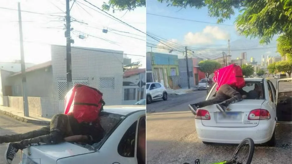 Ciclista fica imóvel após ‘entrar’ no vidro traseiro de carro em acidente em Natal