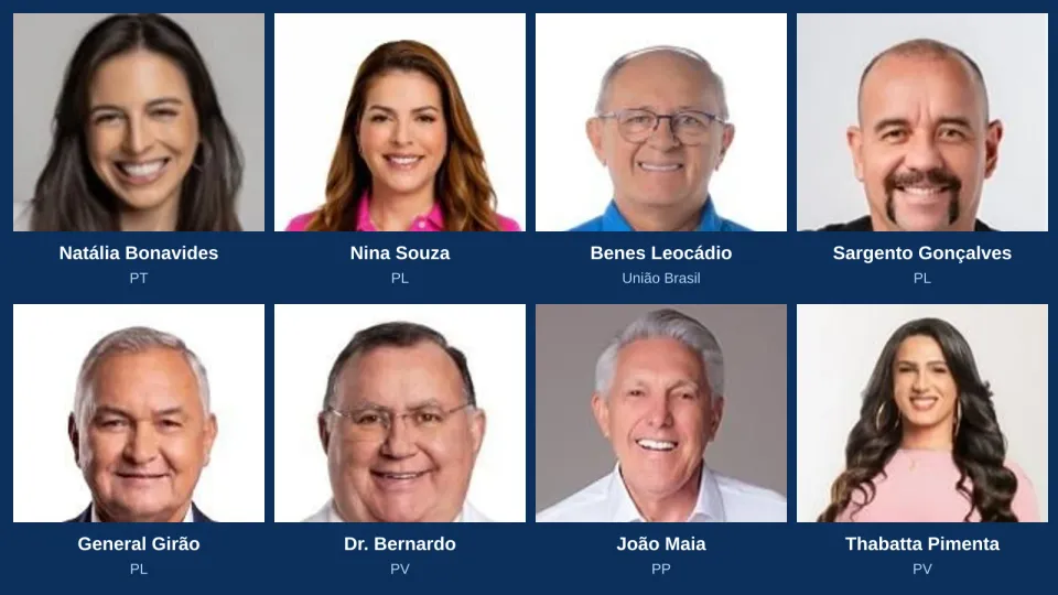 Fotos dos oito deputados federais eleitos pelo RN em 2026, com nome e partido
