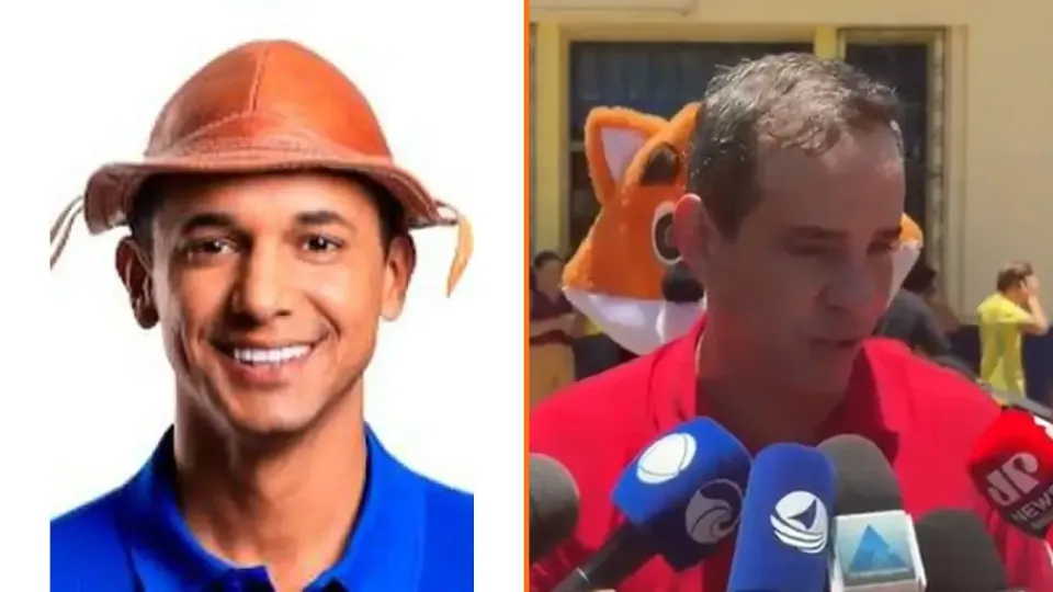 Allyson Bezerra de chapéu de couro, à esquerda, e Cadu de Lula falando com jornalistas, à direita